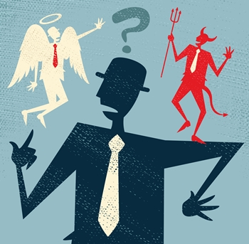 graphic of a businessperson with an angel and a devil on their shoulders