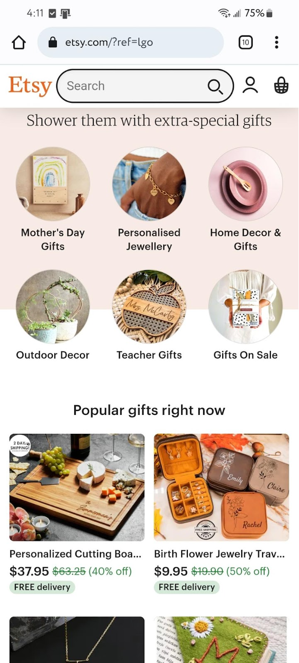 Etsy mobile site