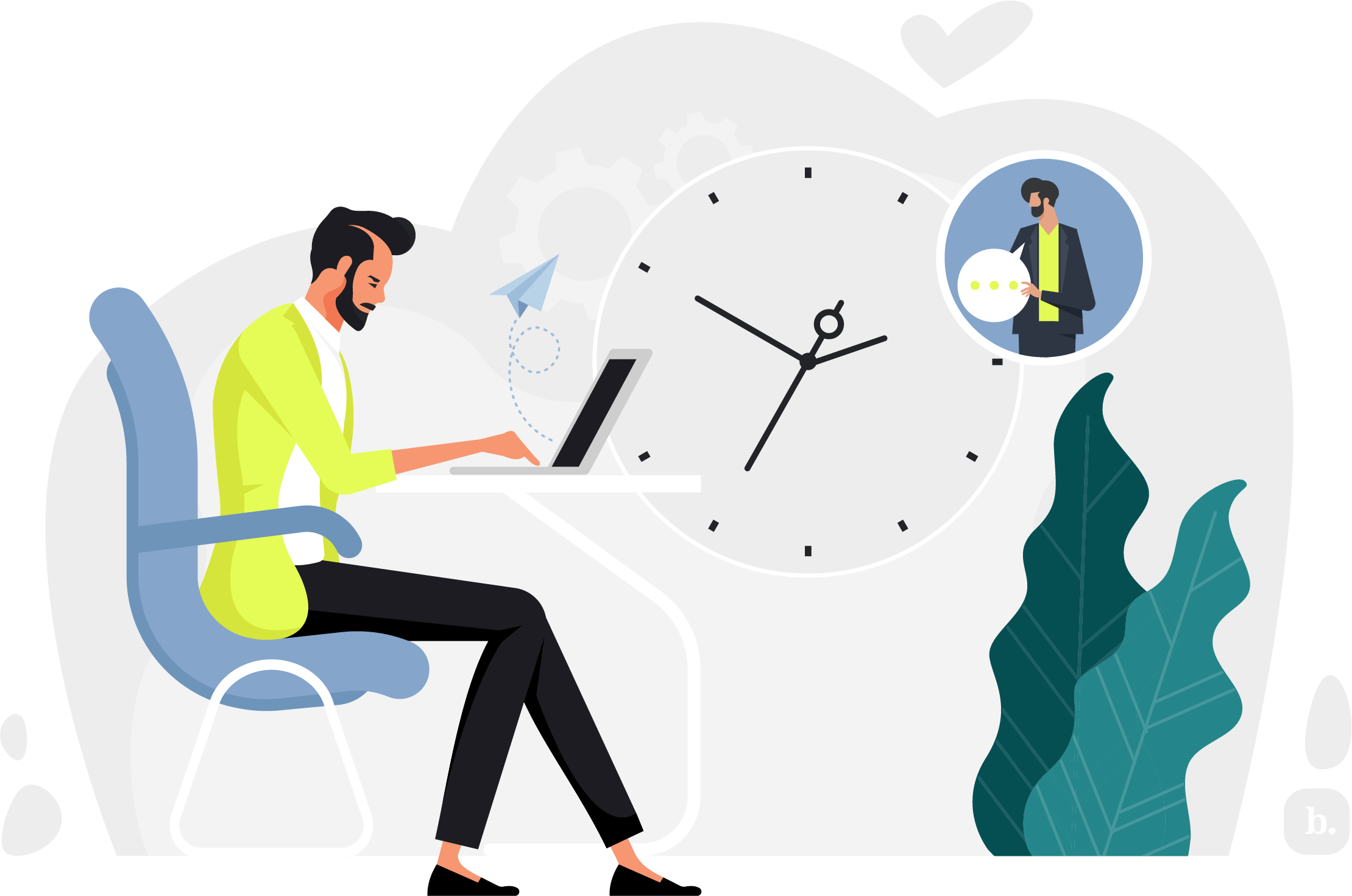 Graphic of a person working at a desk near a clock
